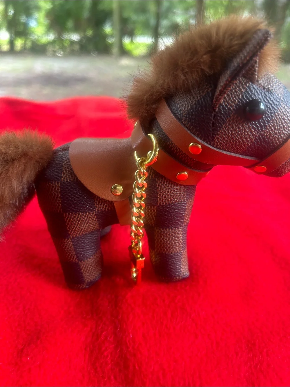 Designer-Inspired purse charm. Brown Check Plush Pony with Tan Accents